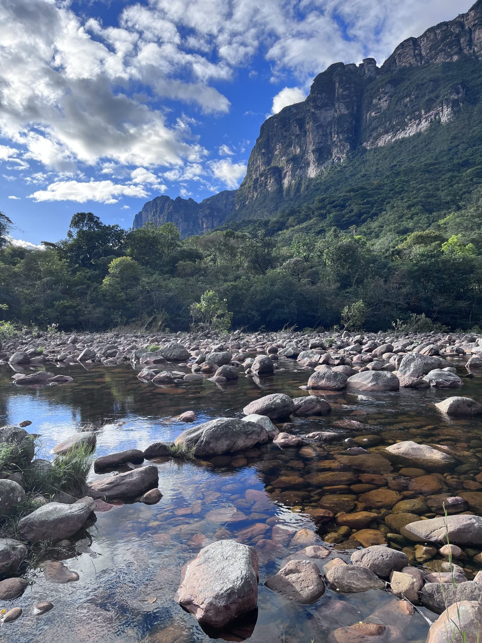 Boulder-hopping along the Pati River, cliffs enormous overhead. Clear shallow river strewn with rounded boulders on a Chapada Diamantina trek, with dense green forest and towering sandstone cliffs rising under a blue sky
