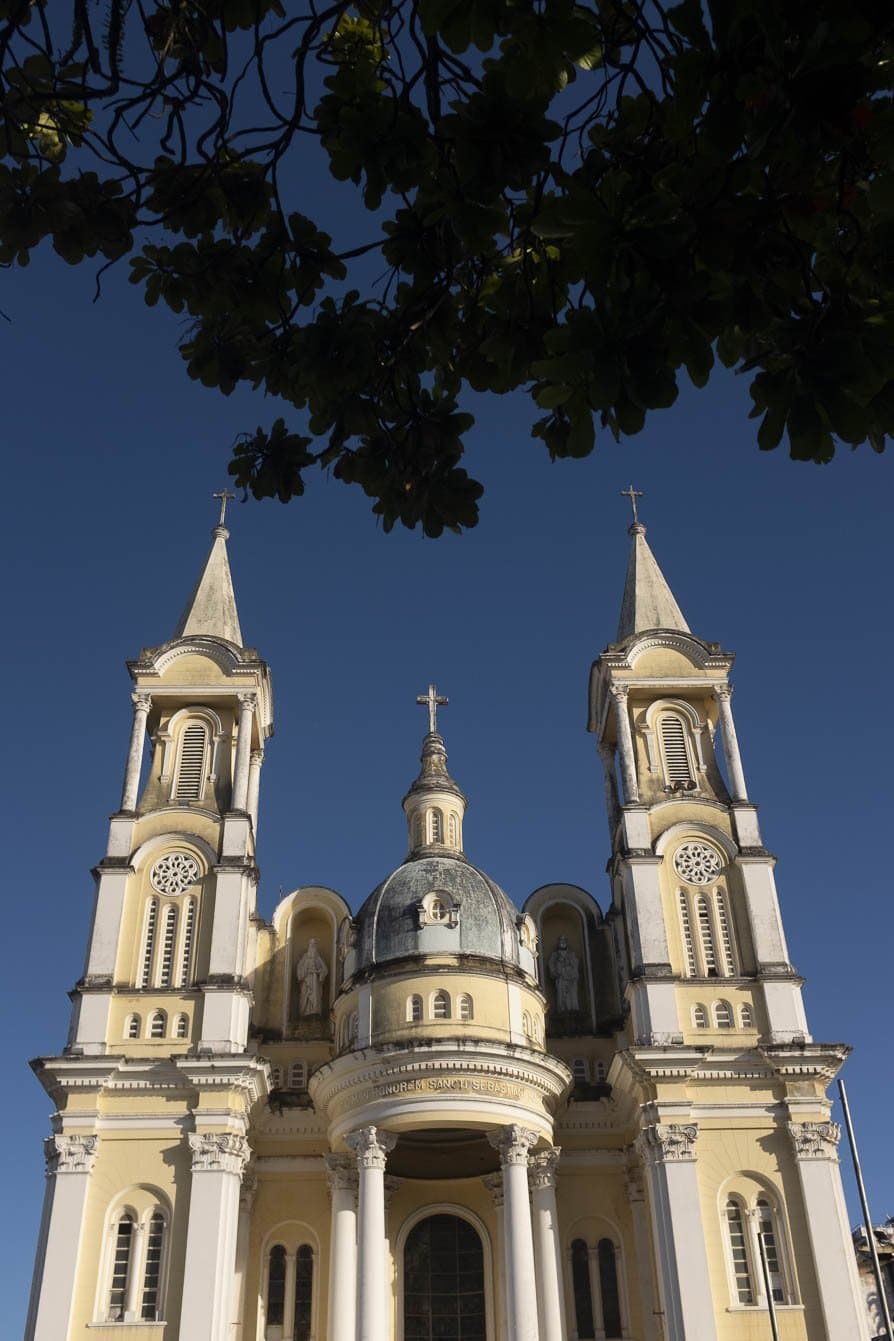 Koloniale grandeur in Ilhéus — het vertrekpunt van een fietstocht door Bahia. Opwaartse blik op de sierlijke geel-witte gevel van de São Sebastião-kathedraal in Ilhéus, Bahia, met twee klokkentorens en een centrale koepel tegen een diepblauwe lucht, omlijst door tropische takken