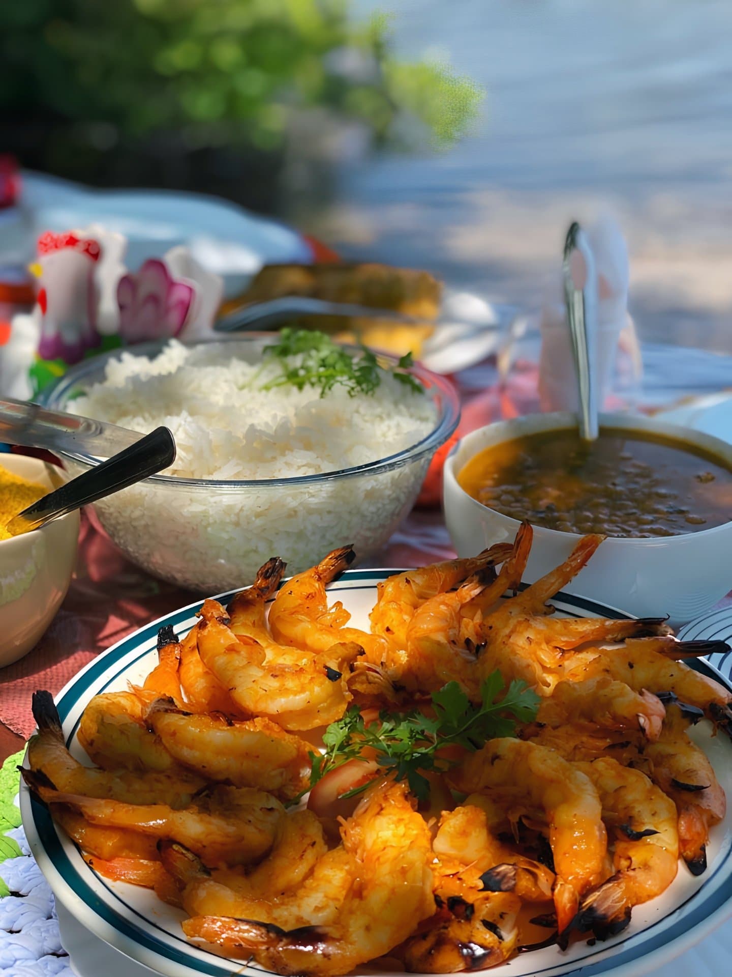 Sun-warmed shrimp, rice, and broth — lunch tastes better by the water. Photo 1