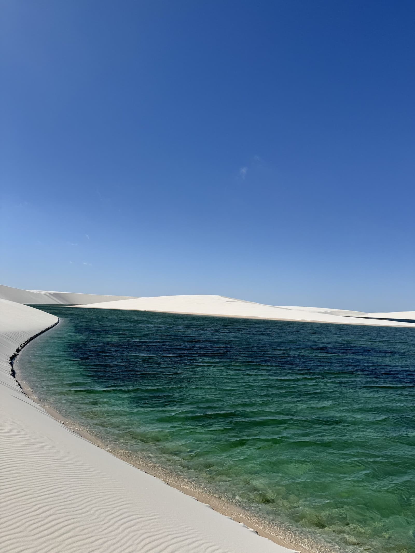 Pure emerald, pure white — a lagoon so still it looks painted. Crystal-clear emerald lagoon nestled against sweeping white sand dunes under a deep blue sky in Lençóis Maranhenses trekking country