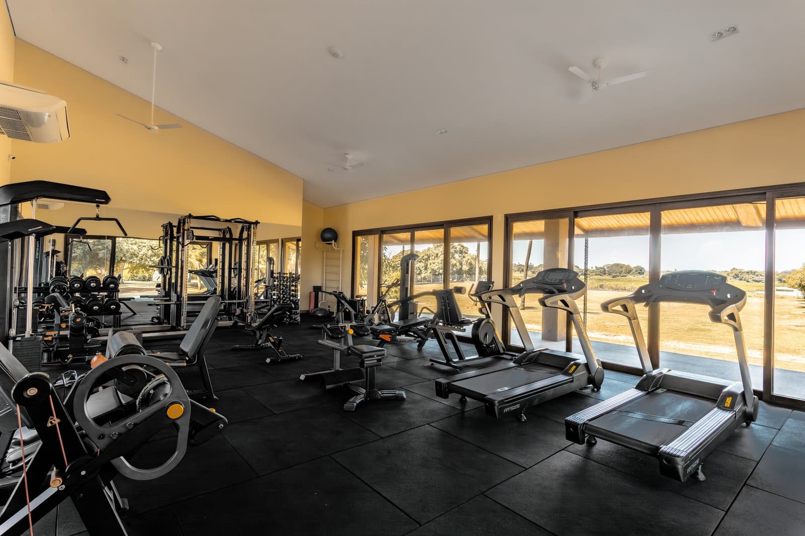 Keep up your routine — floor-to-ceiling glass frames the wild outside. Fully equipped fitness center at a pantanal luxury safari lodge, with treadmills, weight machines, and floor-to-ceiling windows overlooking an open savanna landscape