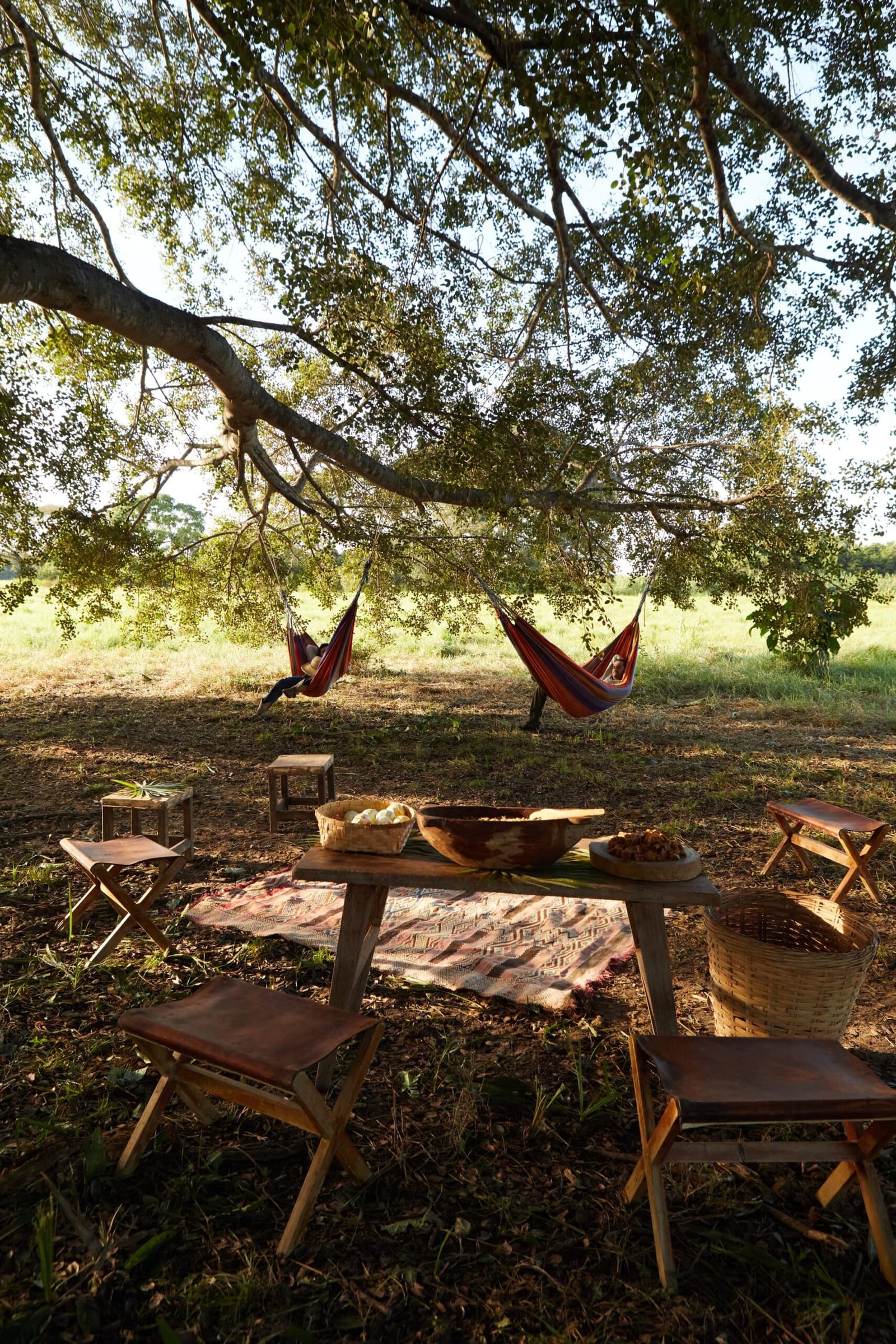 Lunch laid out under the shade, hammocks swaying in the breeze. A rustic wooden table set with woven bowls of food and a patterned rug beneath a large tree, with two colorful hammocks strung between the branches for guests to relax on a pantanal luxury safari