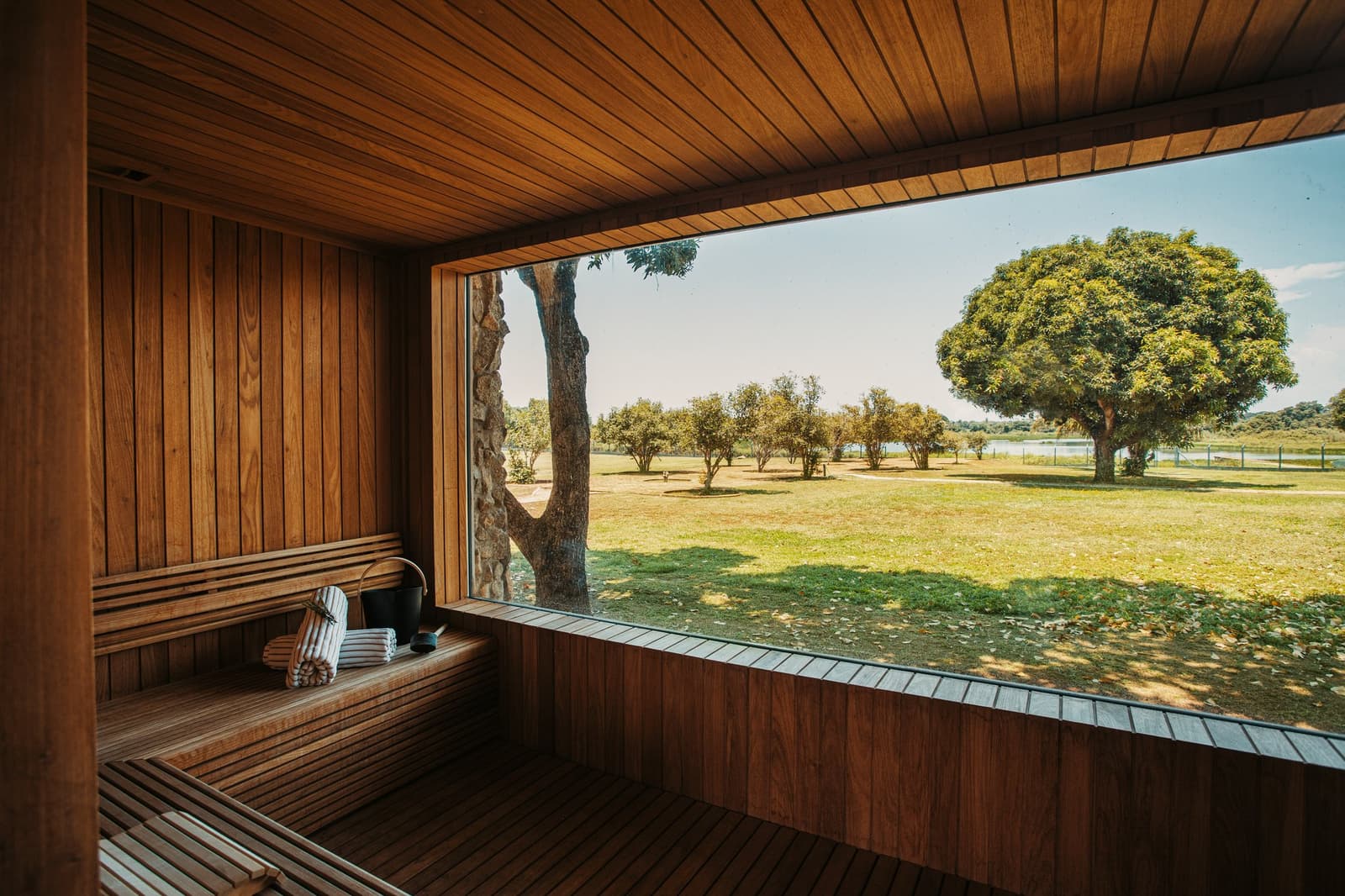 Steam, stillness, and an unbroken view of the wild beyond the glass. Timber-lined sauna interior at a pantanal luxury safari lodge, with a wide picture window framing a sunlit lawn, scattered trees, and a distant lake