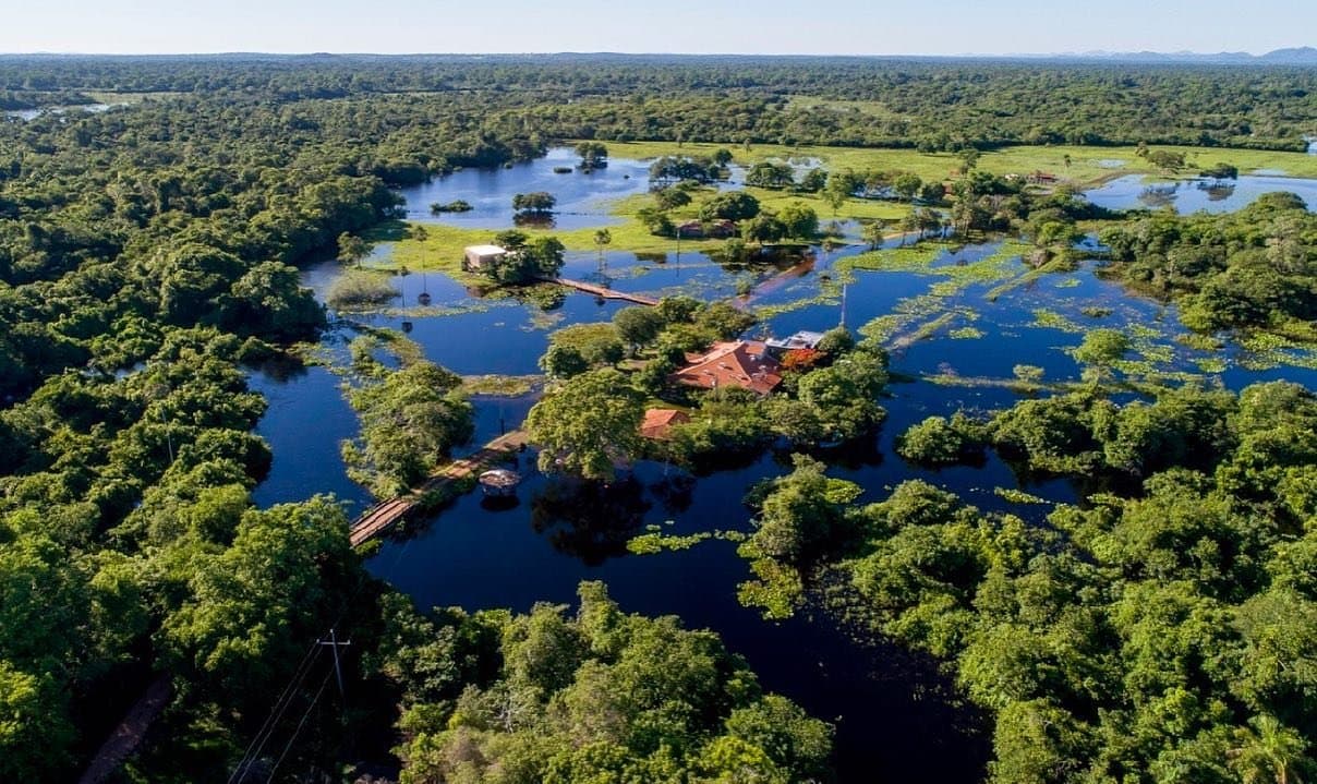 Als de regen komt, wordt de lodge een eiland. Reizigers vinden dat juist het mooiste deel. Luchtfoto van een afgelegen ecolodge omringd door overstroomde wetlands en dicht groen bos op een Pantanal-tour vanuit Campo Grande, met waterlelies op de donkere kanaaltjes en roodgedekte gebouwen verbonden door houten loopbruggen