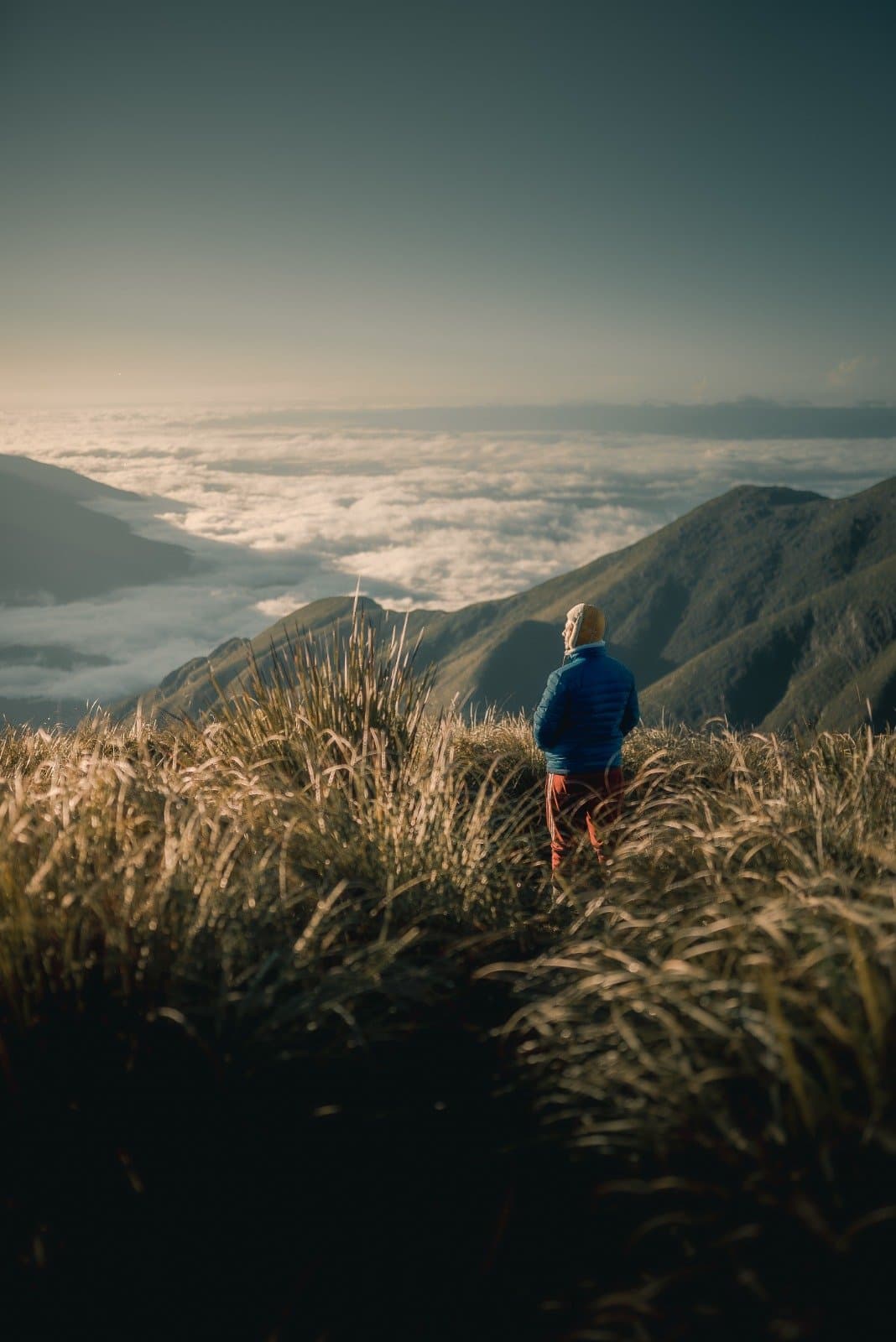 Auf dieser Höhe wandert man nicht mehr durch die Landschaft, man steht darüber. Ein Wanderer in blauer Daunenjacke steht zwischen goldgelbem Hochlandgras auf dem Serra Fina Trekking und blickt auf ein Wolkenmeer über den Tälern der Serra da Mantiqueira