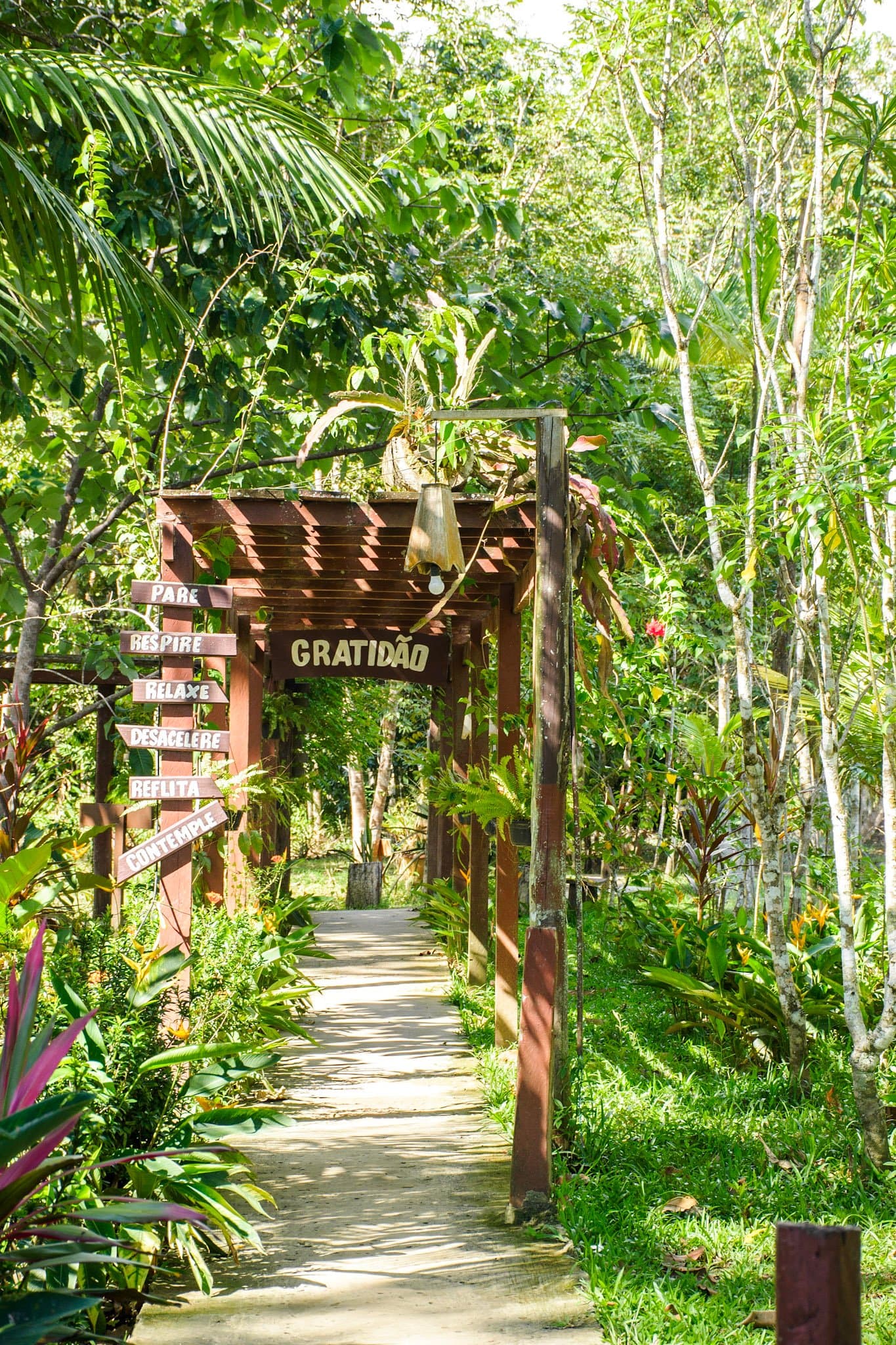 Pare, respire, desacelere. O lodge avisa antes mesmo de você desfazer as malas. Uma pérgola de madeira com a inscrição 'Gratidão' na entrada de uma trilha de lodge na selva, cercada por vegetação tropical exuberante e um letreiro com as palavras 'Pare, Respire, Relaxe, Desacelere, Reflita, Contemple'