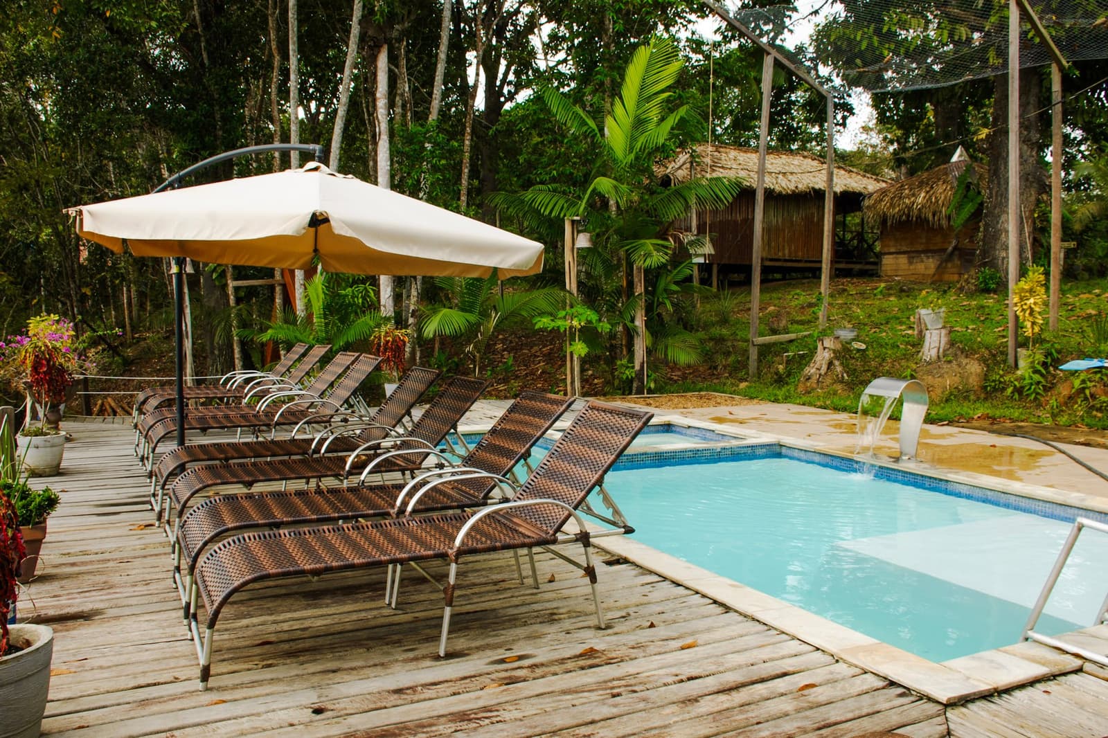 Água fria, deck na sombra, mata em todo o redor. A floresta pode esperar uns minutinhos. Espreguiçadeiras de vime enfileiradas em deck de madeira ao lado de uma pequena piscina com cascata, cercada por floresta tropical densa e estrutura com teto de palha em lodge de selva