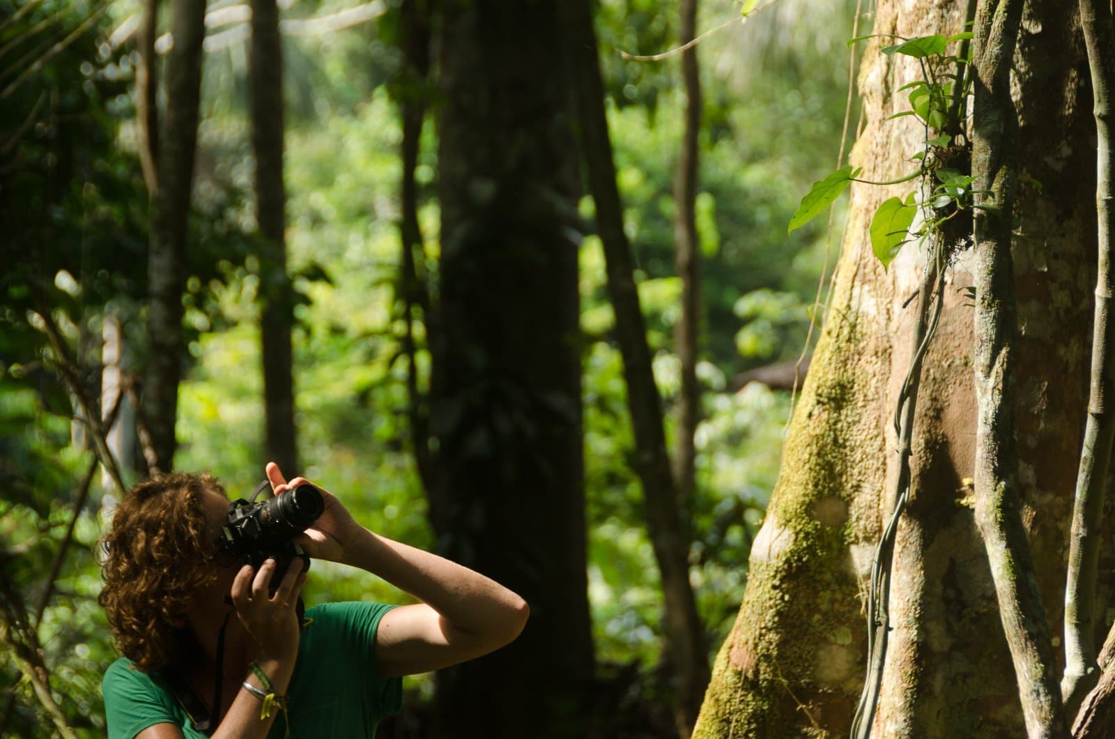 Niet elke boom vraagt om aandacht, maar deze wel. Photo: Leonide Principe Een reizigster met krullend haar in een groen t-shirt richt haar camera op de met mos bedekte steunwortels van een reusachtige regenwoudboom tijdens een amazon rainforest ecolodge-reis in Brazilië, met een dicht groen bladerdak op de achtergrond