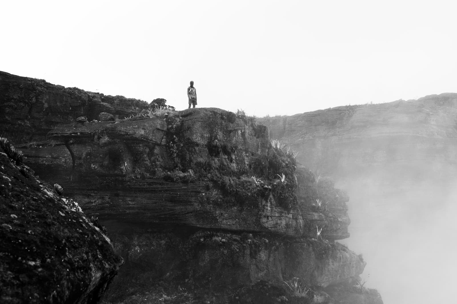 Jij, de klif, en een wolk zonder duidelijke plannen. Een eenzame wandelaar staat op de rand van een met mos begroeide zandstenen klif tijdens een Mount Roraima-expeditie, terwijl dichte mist opstijgt uit het ravijn en gelaagde rotswanden vervagen in het wit