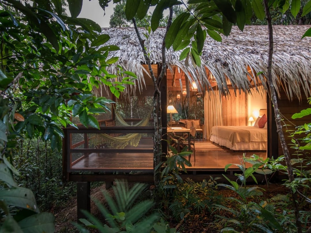 Amazon jungle lodge bungalow on stilts with a hammock and lit bedroom surrounded by rainforest Amazon jungle lodge bungalow on stilts with a hammock and lit bedroom surrounded by rainforest