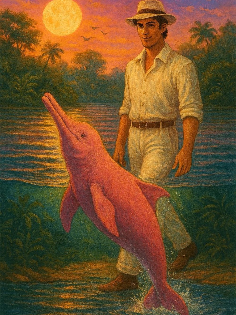 A folk-art painting of a pink river dolphin leaping beside a man in a white shirt and hat at sunset on an Amazon riverbank — the legend of the boto. A folk-art painting of a pink river dolphin leaping beside a man in a white shirt and hat at sunset on an Amazon riverbank — the legend of the boto.